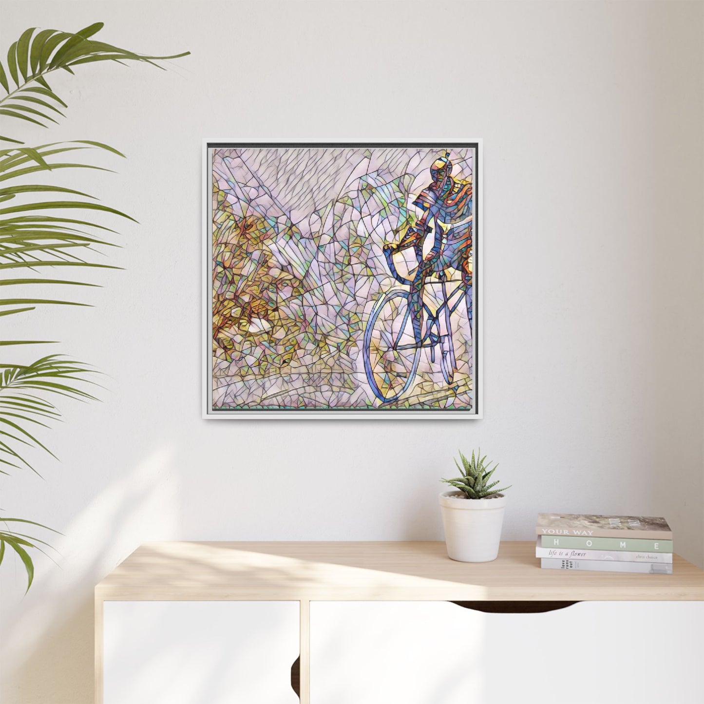 Colorful Cyclist Stained-Glass Art — Framed Matte Canvas