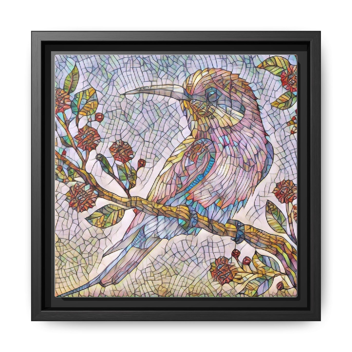 Framed Mosaic Bird Art Print — Colorful Kookaburra Wall Canvas