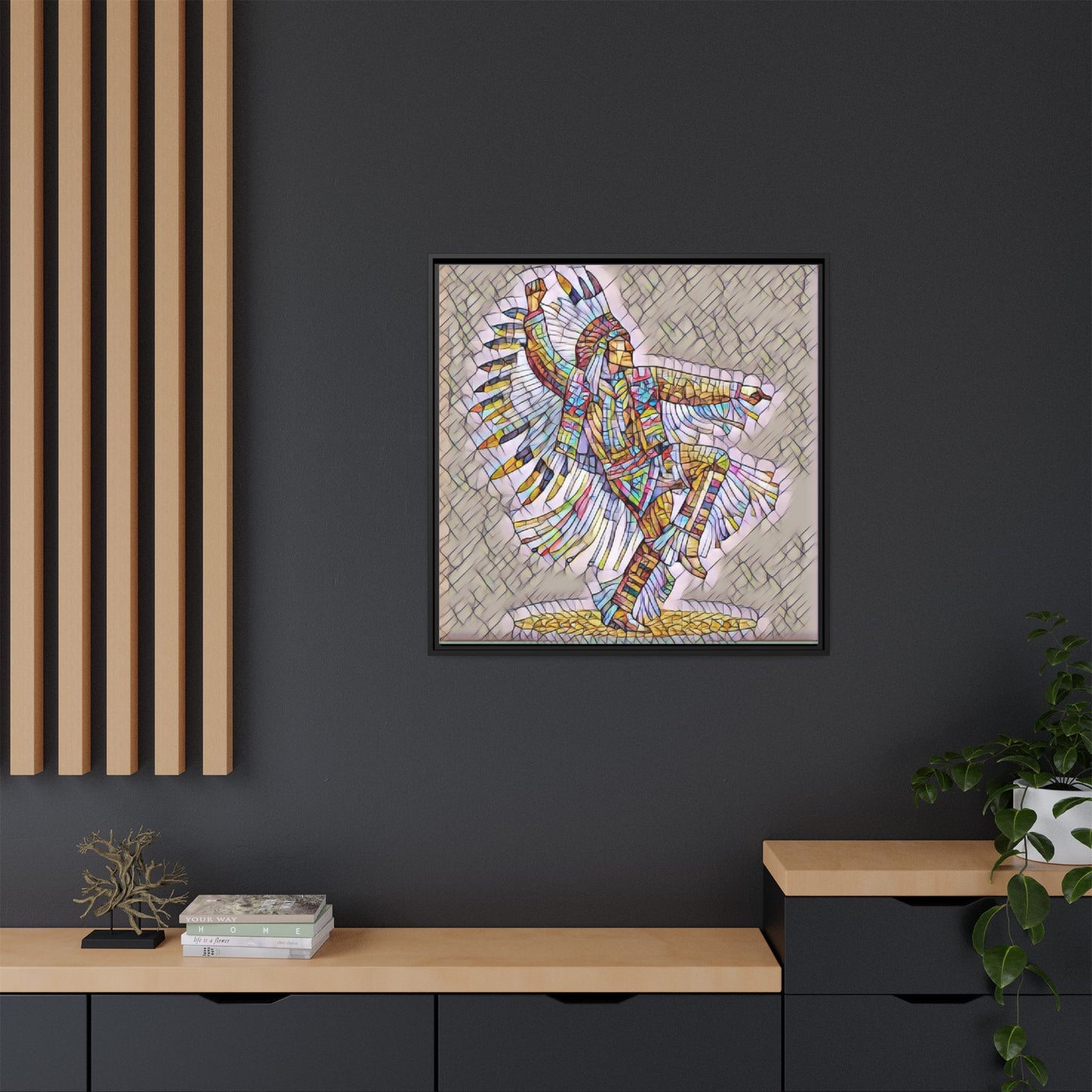 Colorful Native Dancer Framed Canvas Art — Stained Glass Style Wall Decor