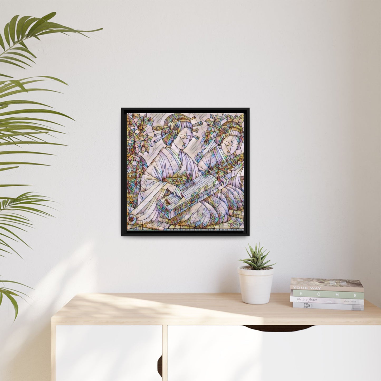Framed Matte Canvas Print — Stained-Glass Geisha Duo