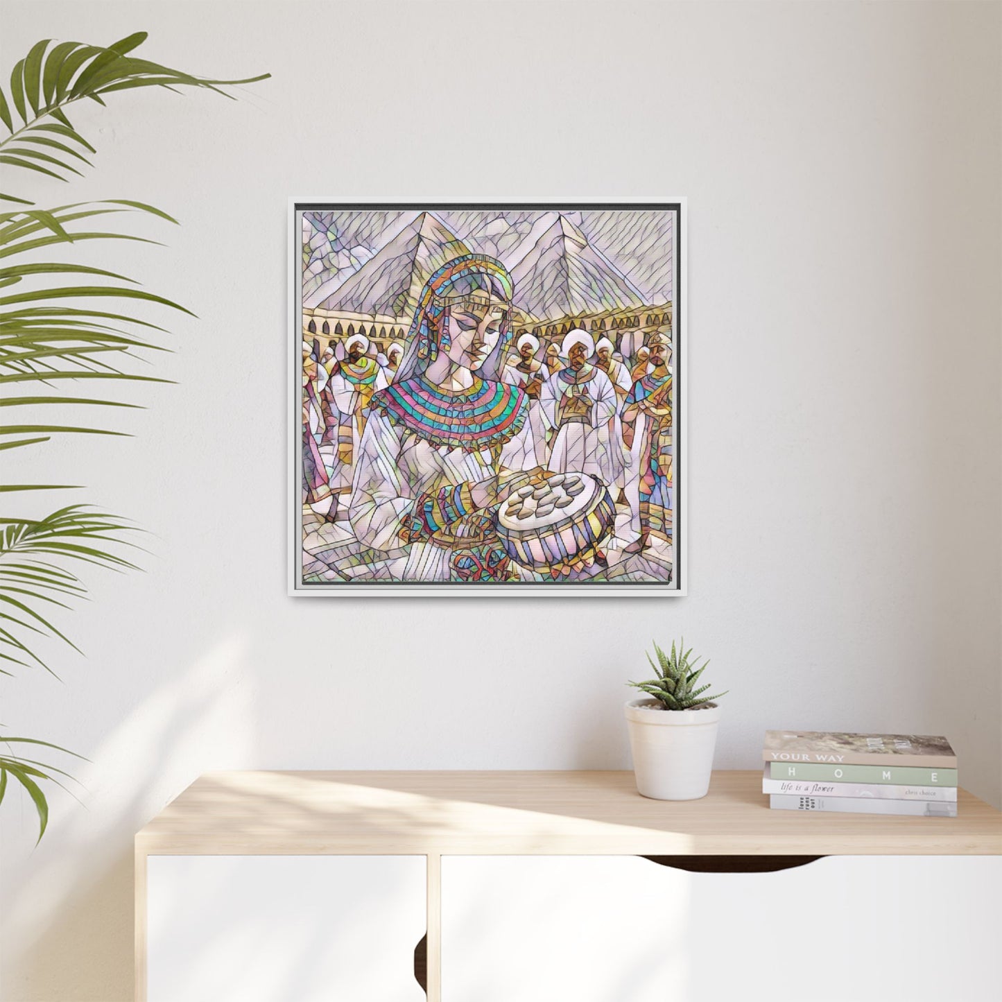 Egyptian Drum Player Framed Canvas Art — Colorful Ancient Scene Wall Decor