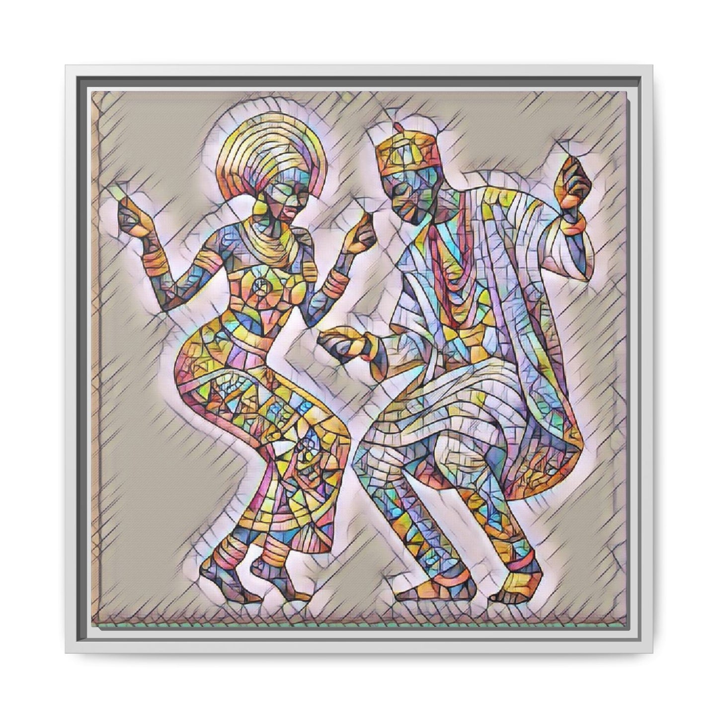 Afrobeat Dancers Framed Canvas Art — Colorful Mosaic African Dance Print