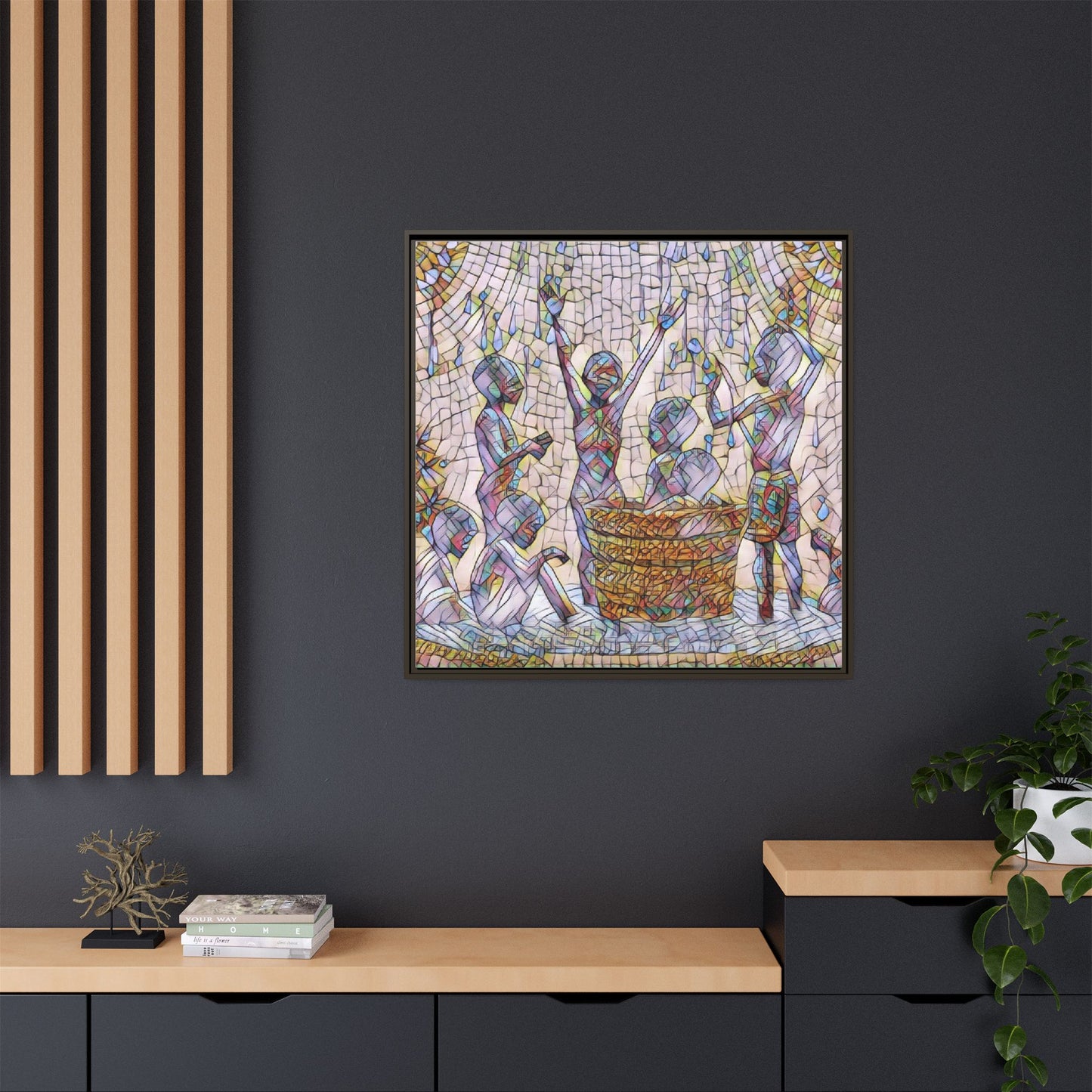 Framed Matte Canvas Art — Children Playing Mosaic Illustration