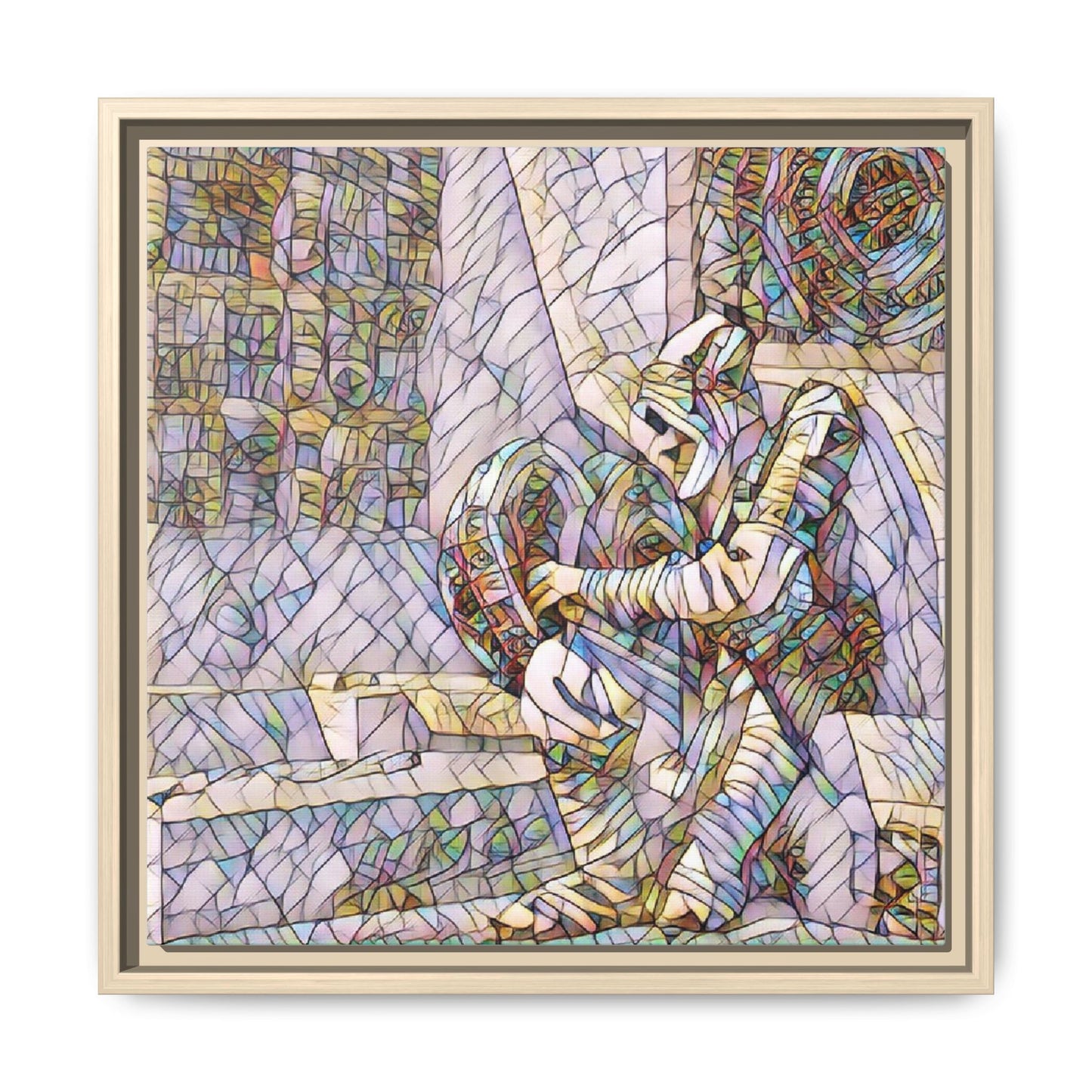 Framed Matte Canvas Art — Colorful Stained-Glass Astronaut Embrace