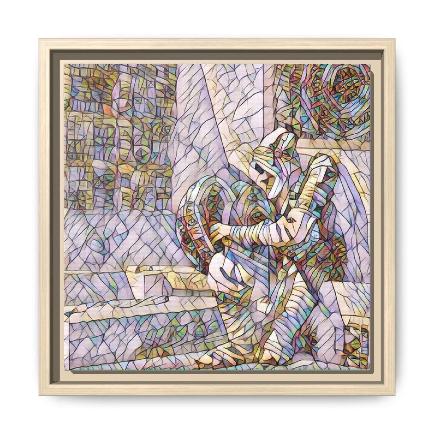 Framed Matte Canvas Art — Colorful Stained-Glass Astronaut Embrace