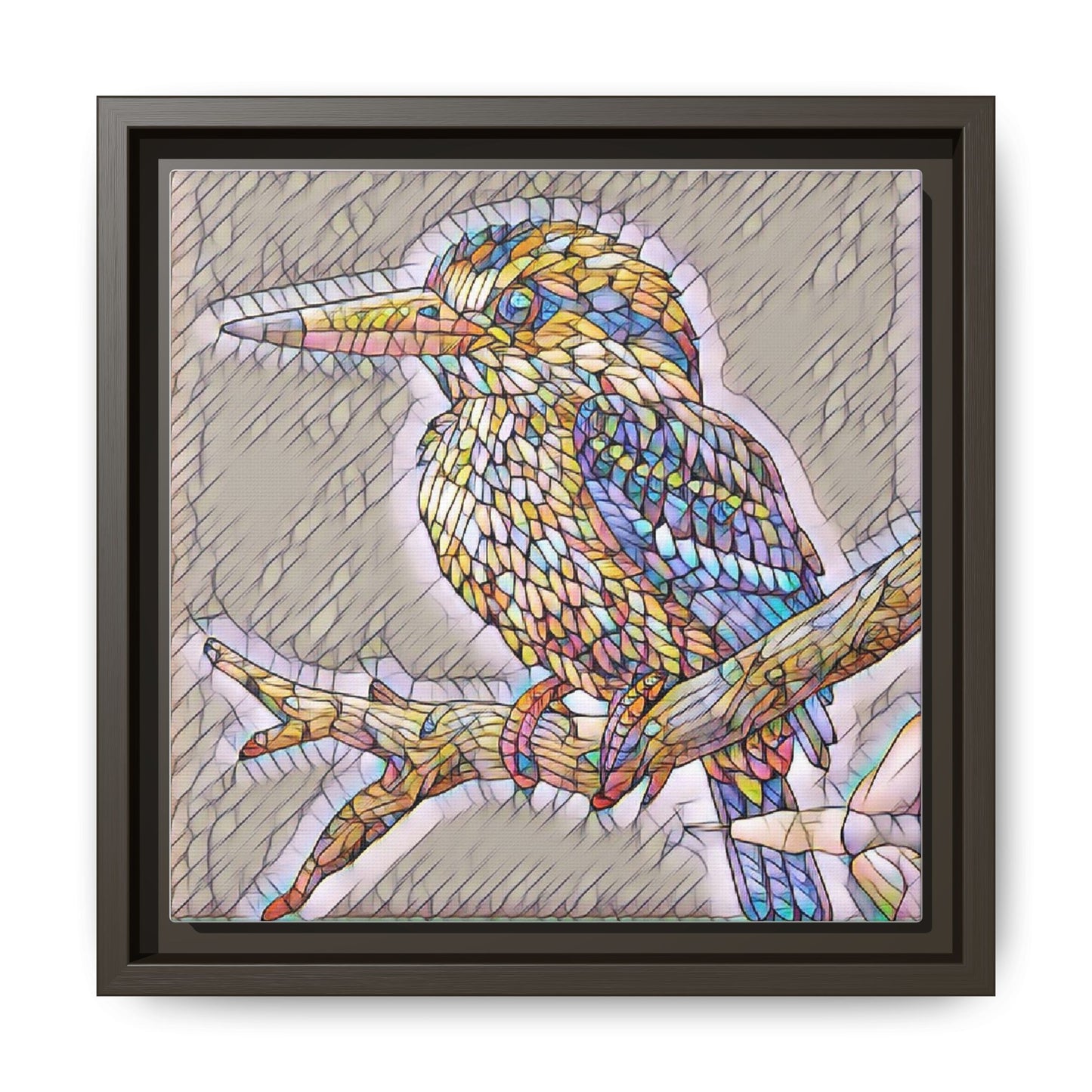 Colorful Kingfisher Framed Canvas Wall Art — Stained-Glass Style Bird Print