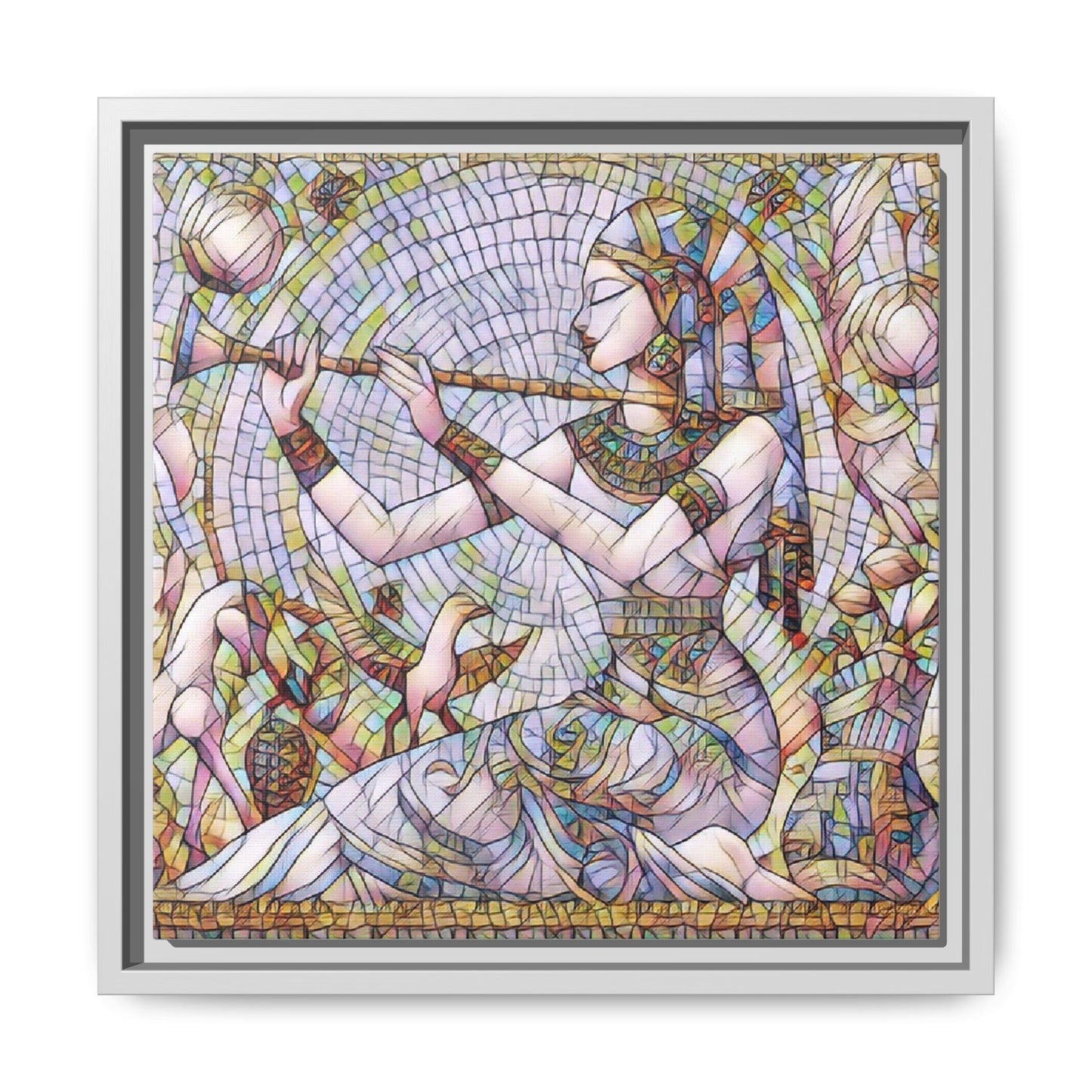 Egyptian Flute Player Framed Canvas Art — Colorful Mosaic Wall Decor