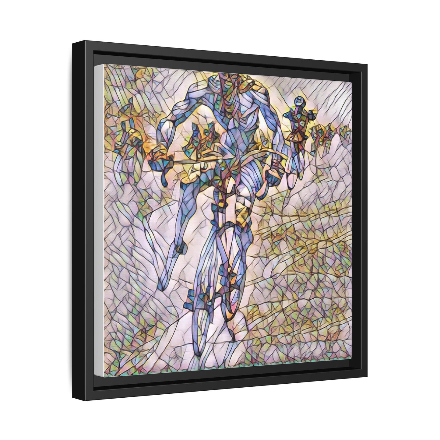 Abstract Cyclist Matte Canvas Framed Art — Colorful Stained-Glass Bike Print