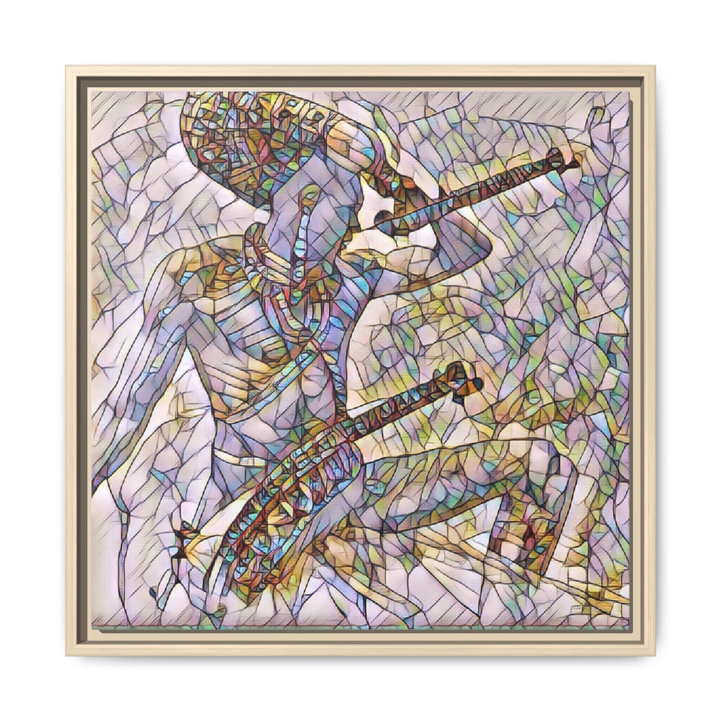 Stained Glass Blue Musician — Framed Matte Canvas Art