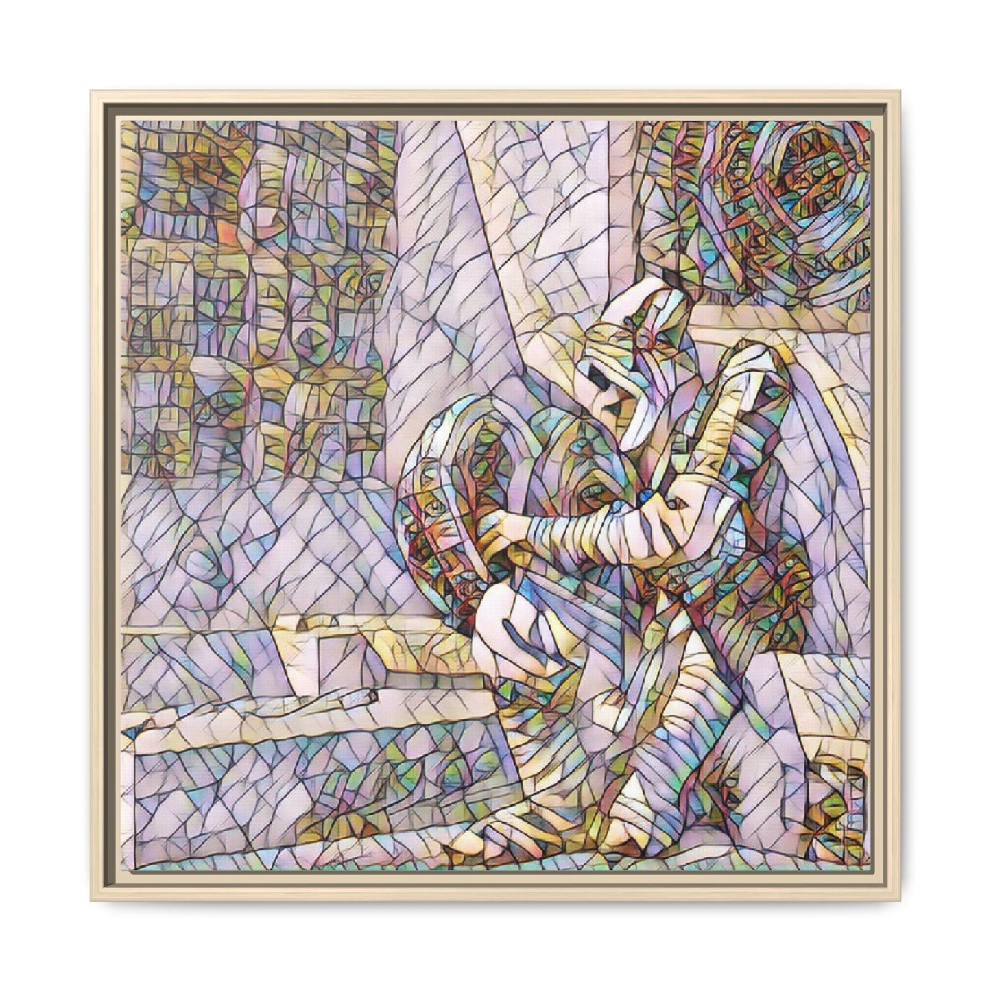 Framed Matte Canvas Art — Colorful Stained-Glass Astronaut Embrace