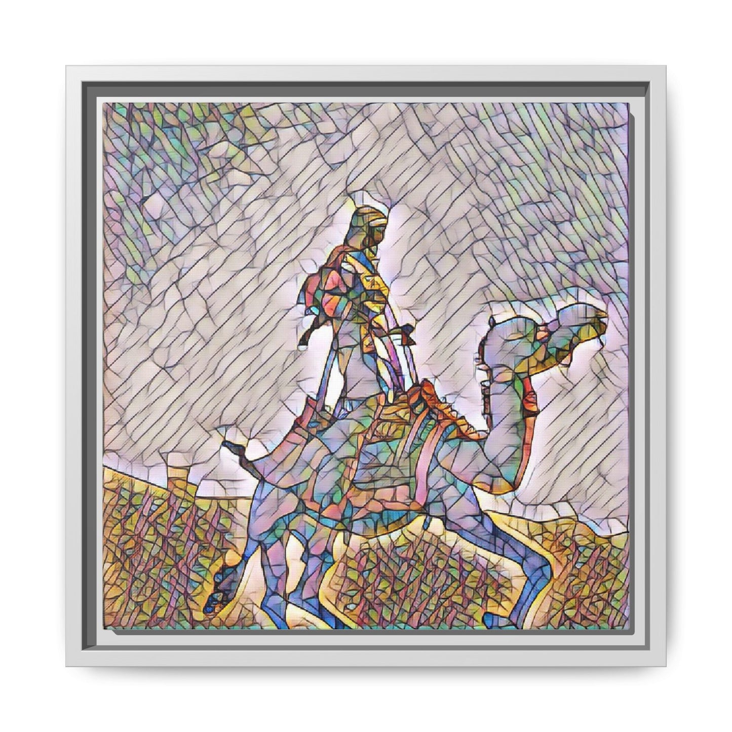 Framed Camel Rider Matte Canvas Art — Colorful Mosaic Desert Wall Decor