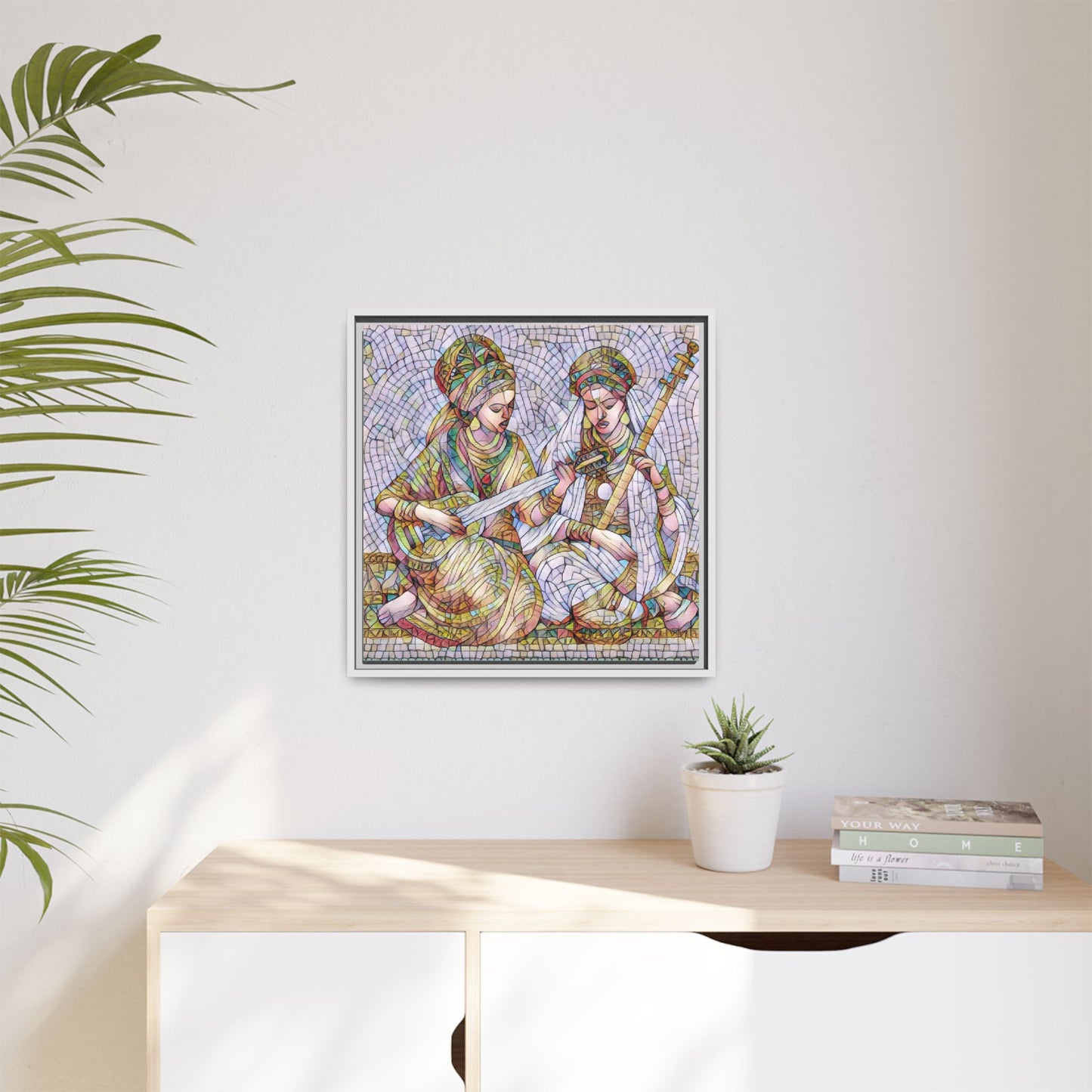 Framed Mosaic Art Print — Two Women Playing Lutes (Matte Canvas)