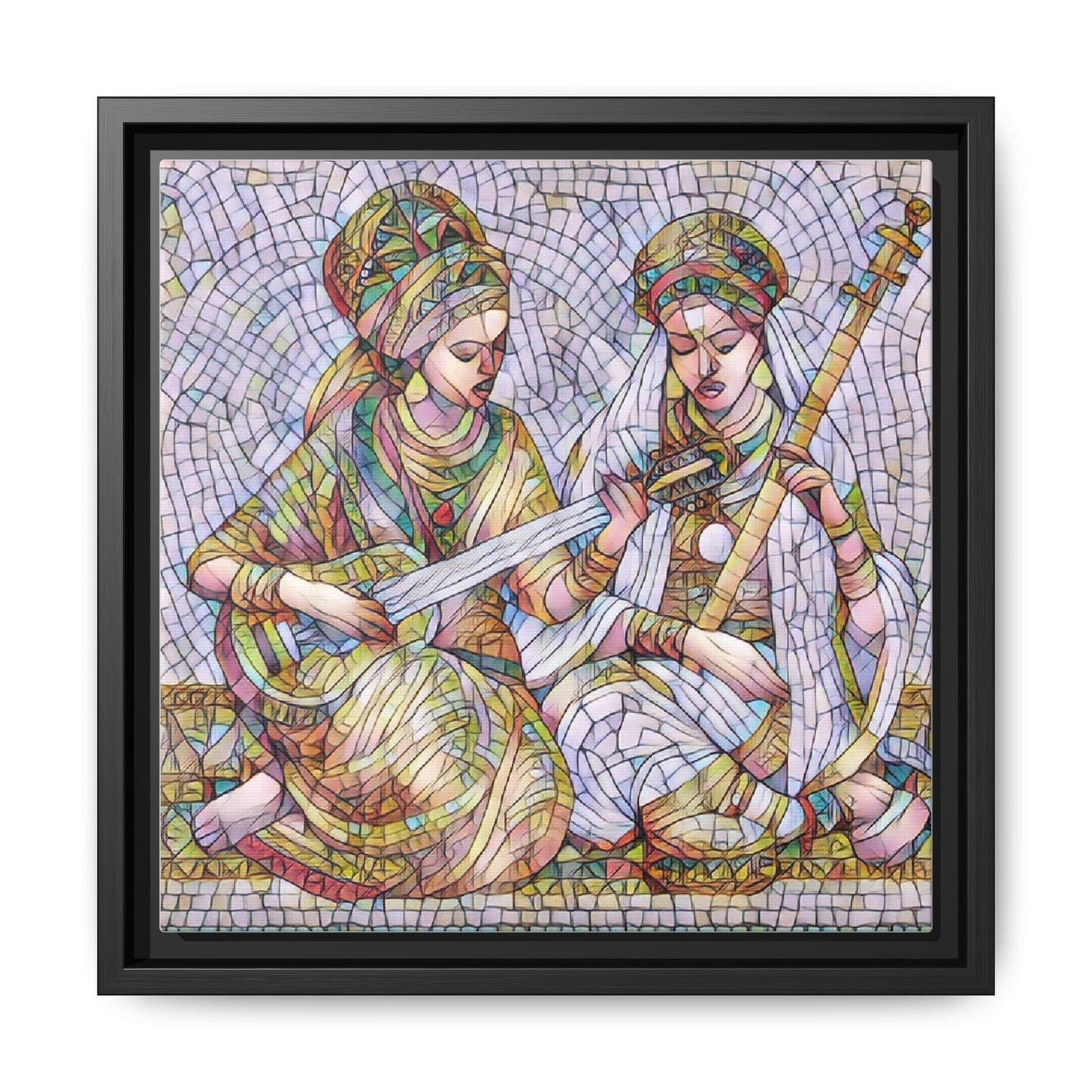 Framed Mosaic Art Print — Two Women Playing Lutes (Matte Canvas)