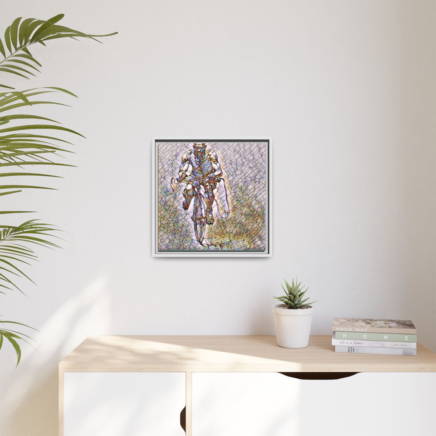 Cyclist Art Print — Framed Matte Canvas Wall Art (Multicolor Stained-Glass Style)