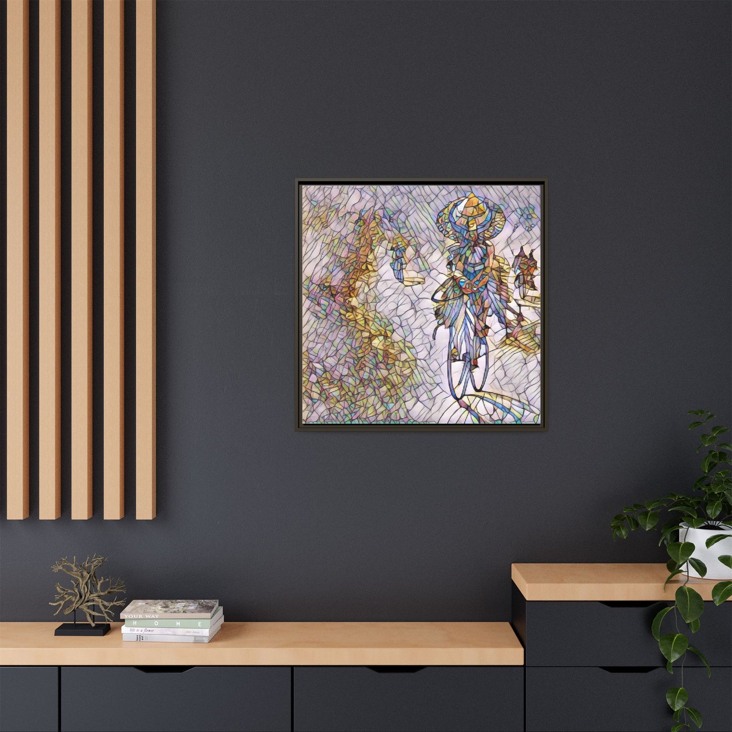 Abstract Cyclist Stained-Glass Art Print — Framed Matte Canvas