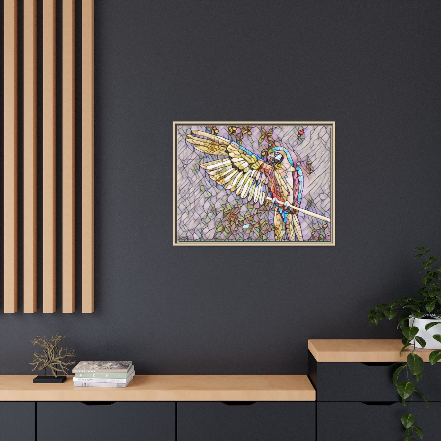 Framed Parrot Stained-Glass Art Print — Matte Canvas Wall Decor