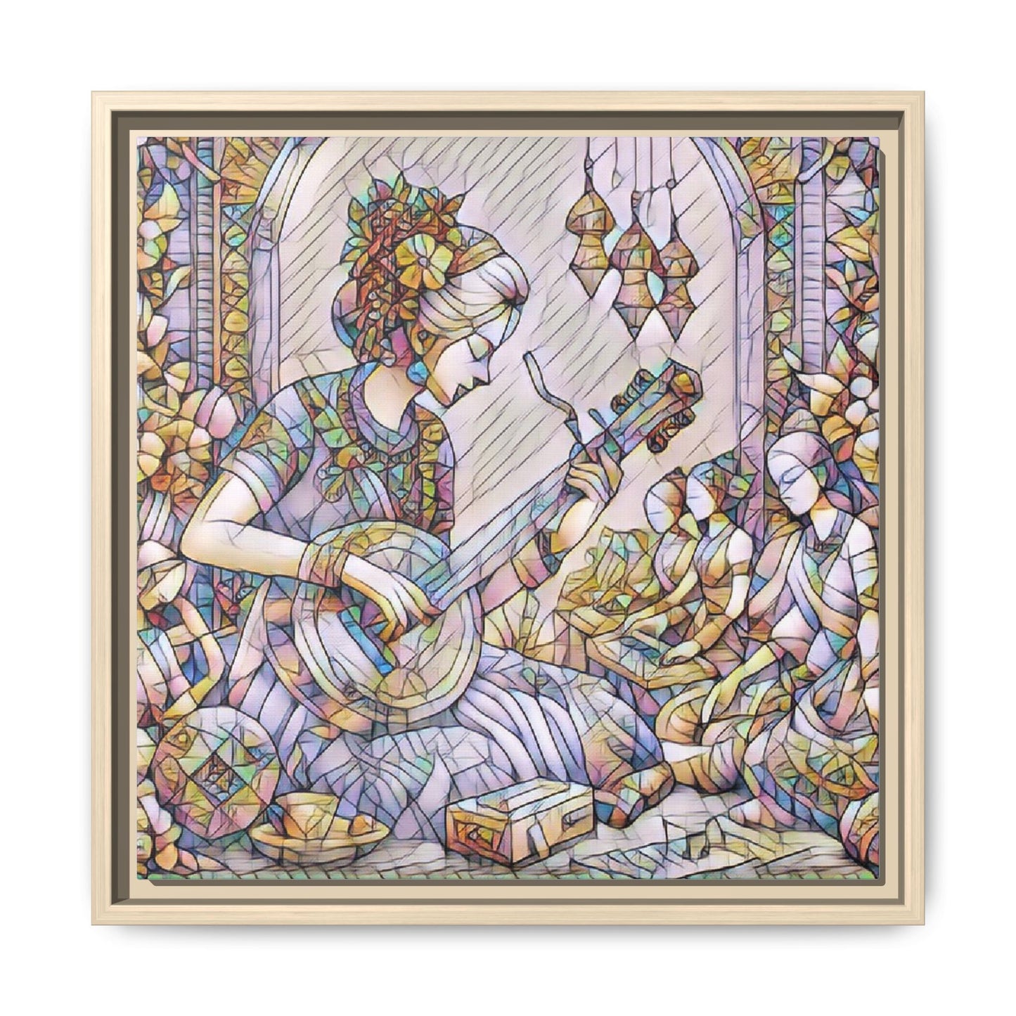 Framed Matte Canvas: Bohemian Woman Playing Lute — Stained-Glass Style Wall Art