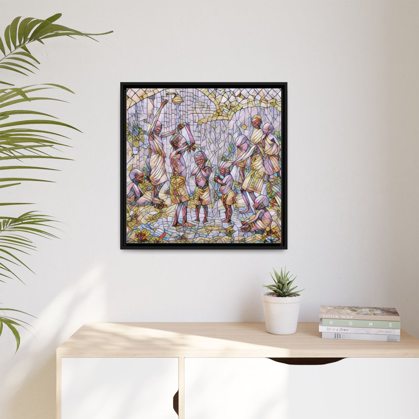 Framed Matte Canvas – Colorful Mosaic Children Playing Wall Art