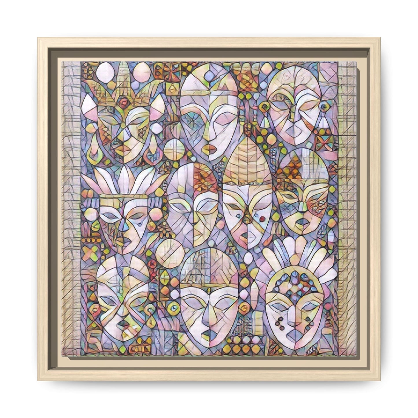 Framed Abstract Mask Art Canvas — Multicolor Stained-Glass Faces Wall Decor