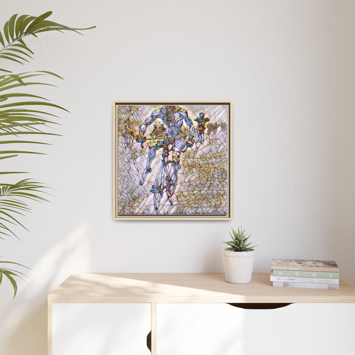 Abstract Cyclist Matte Canvas Framed Art — Colorful Stained-Glass Bike Print
