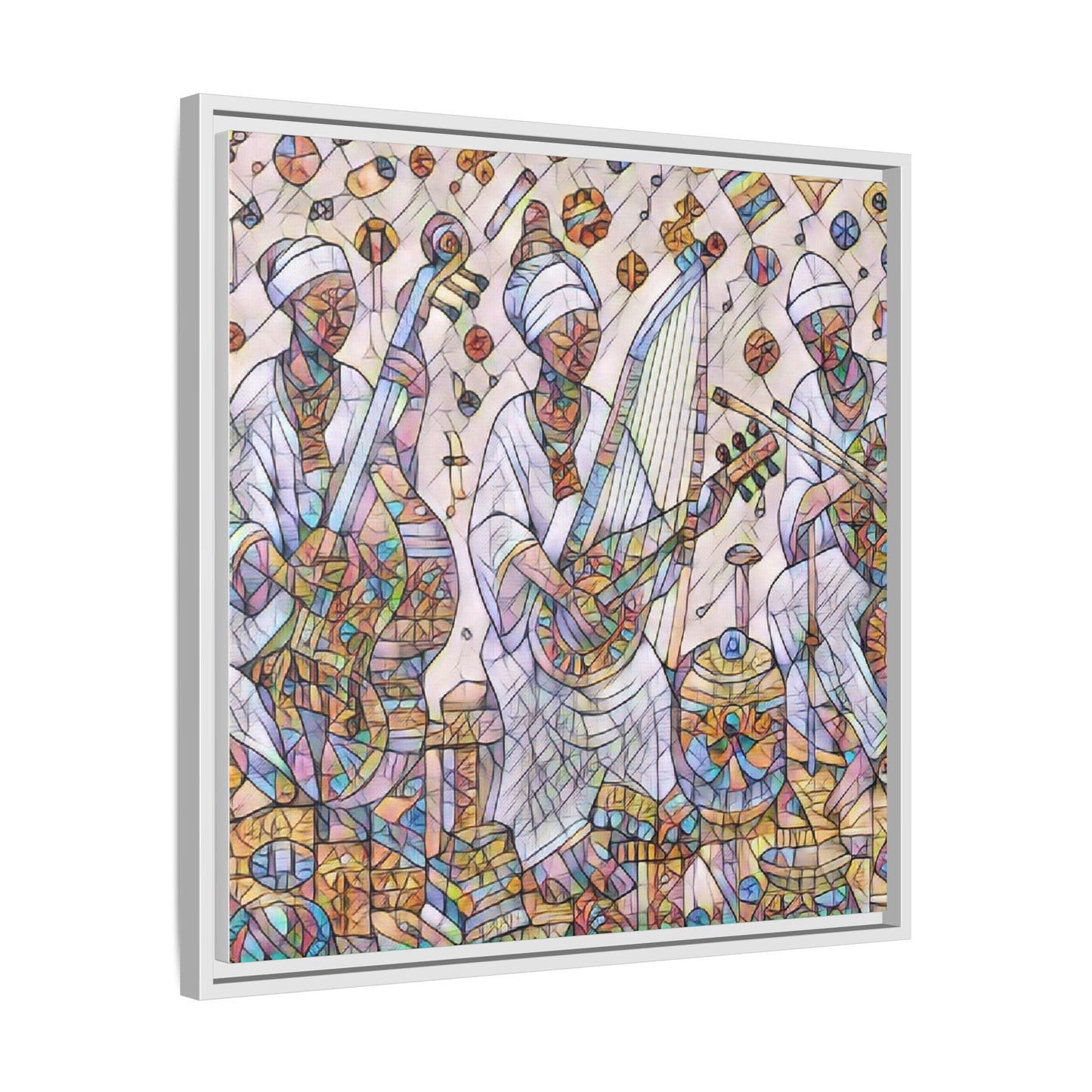 Framed Matte Canvas Print — Colorful African Musicians Stained-Glass Art