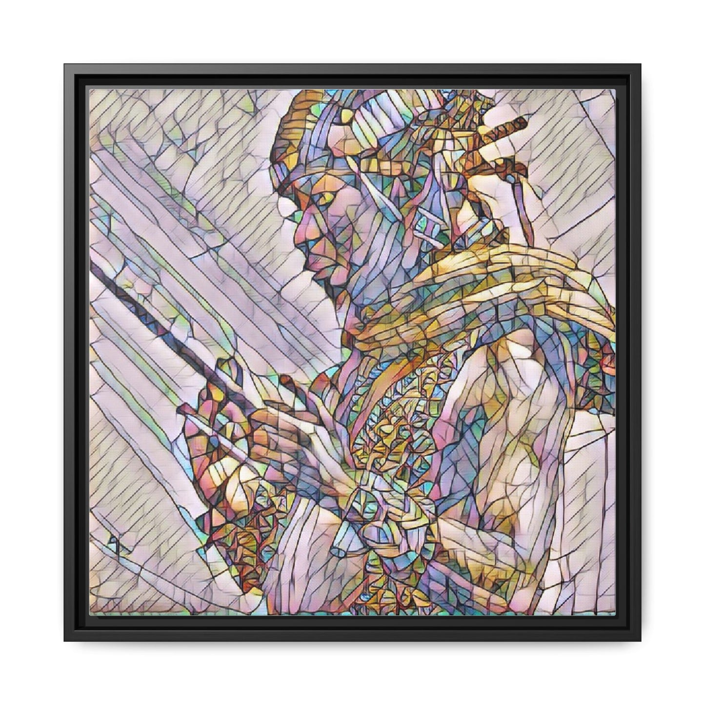 Framed Canvas Art - Colorful Tribal Warrior Portrait (Matte)