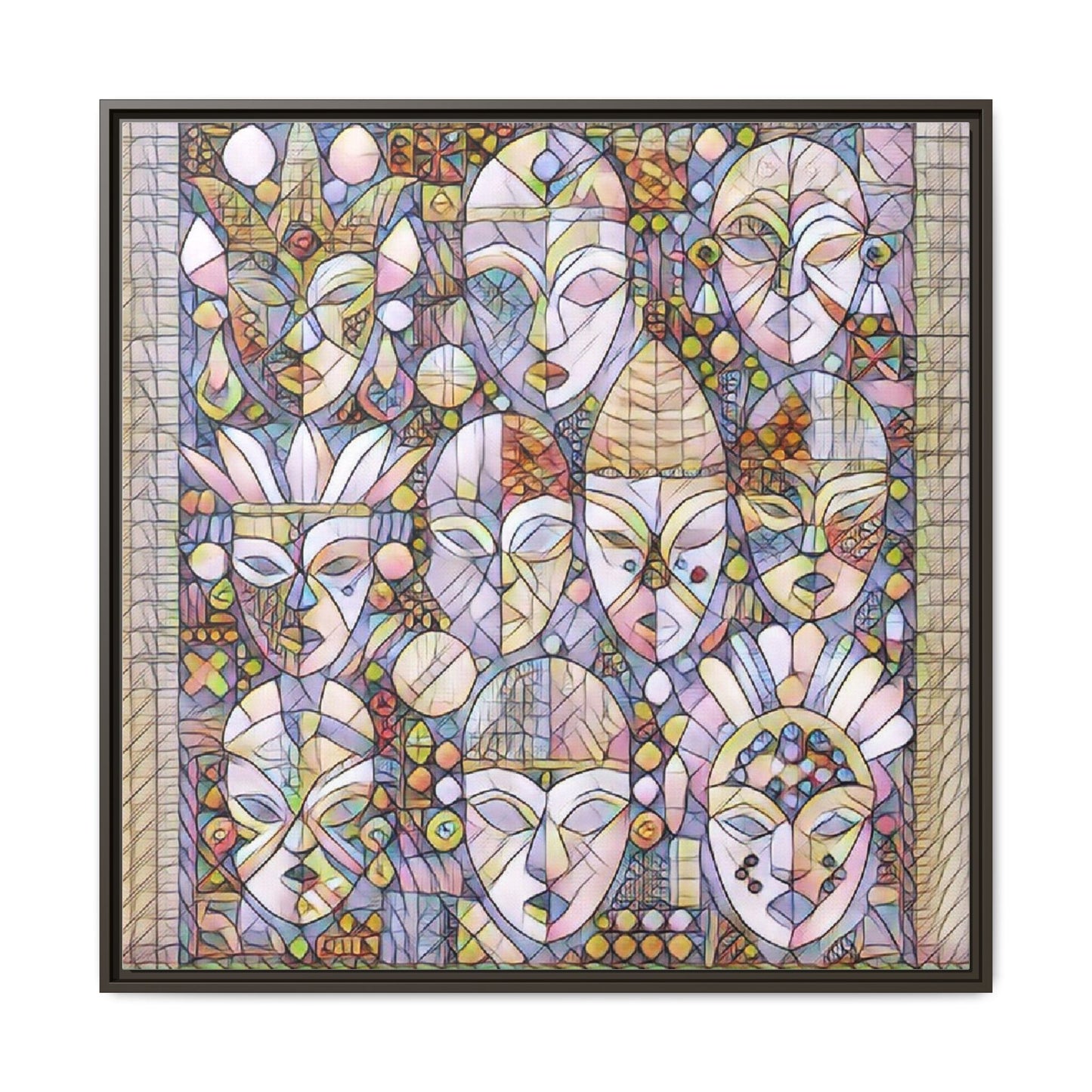 Framed Abstract Mask Art Canvas — Multicolor Stained-Glass Faces Wall Decor
