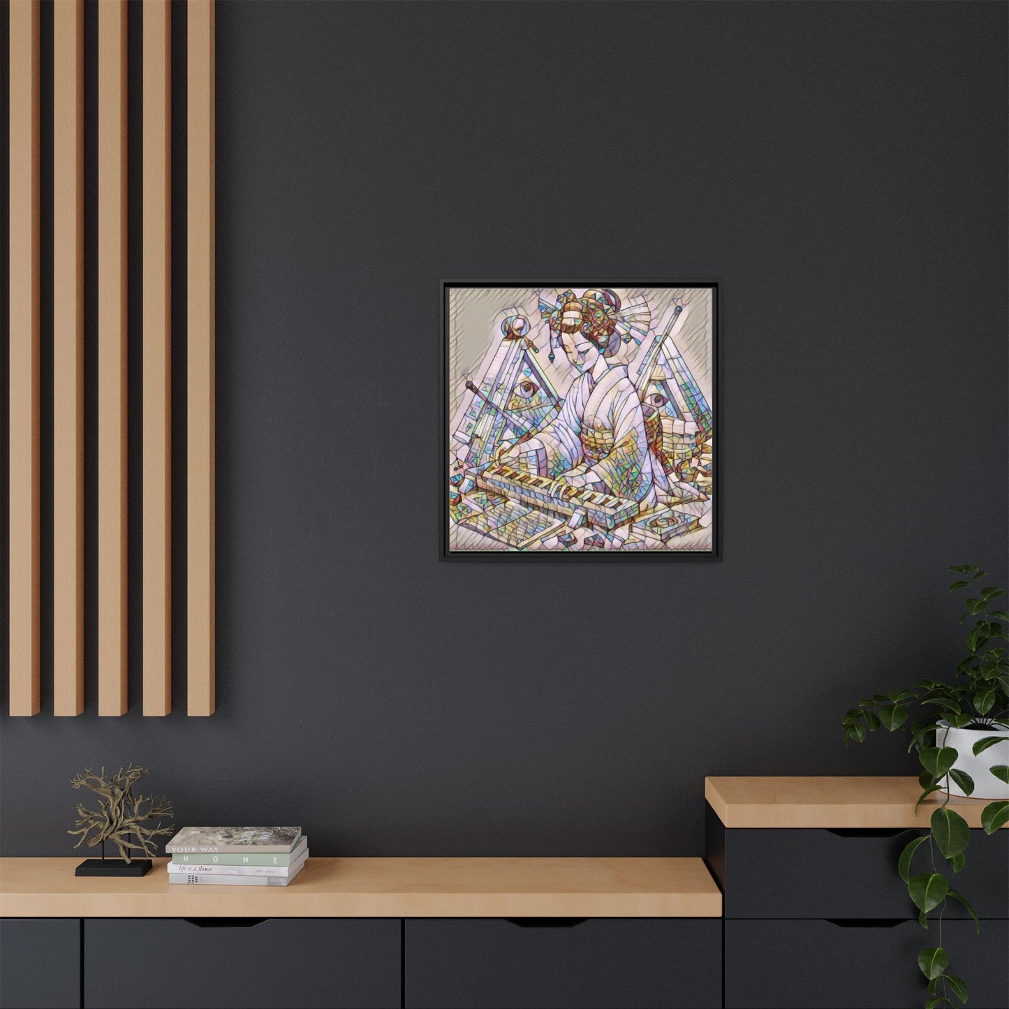 Framed Matte Canvas: Stained-Glass Geisha Wall Art
