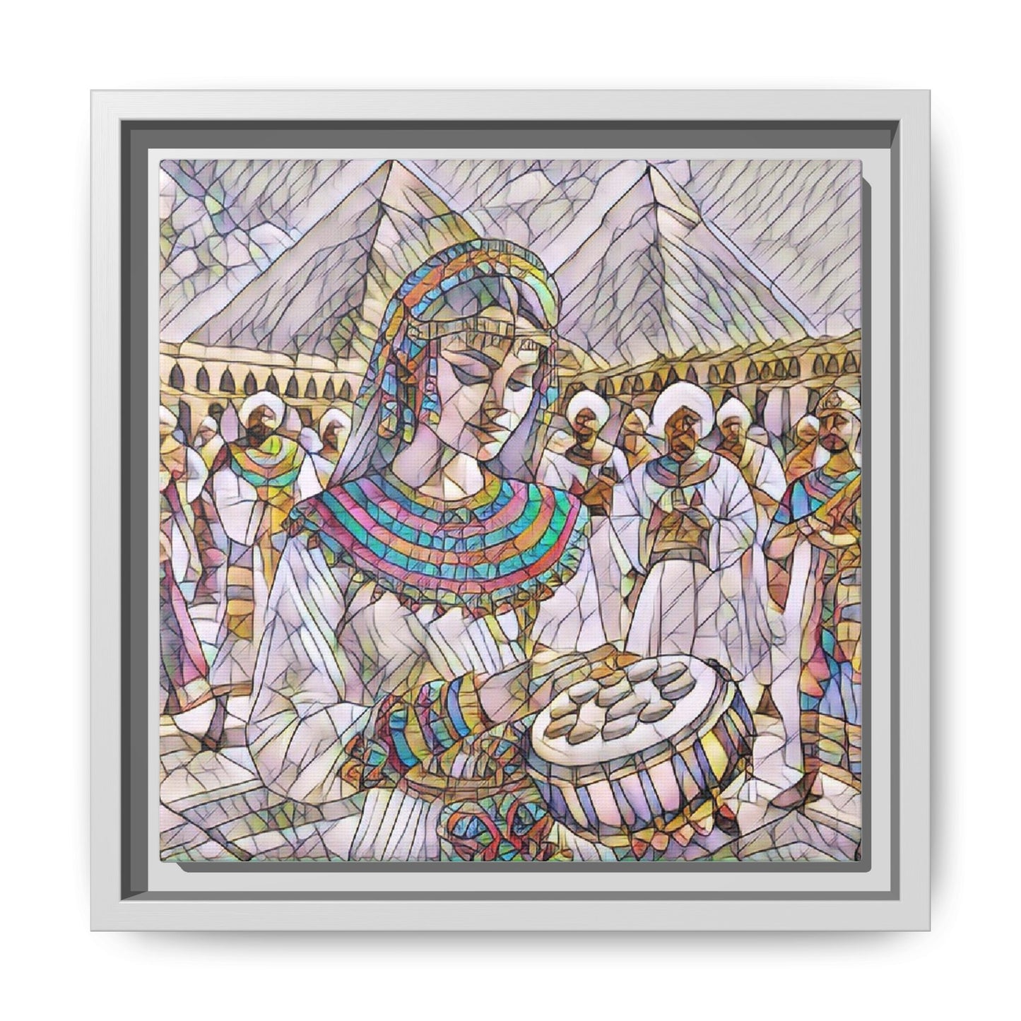 Egyptian Drum Player Framed Canvas Art — Colorful Ancient Scene Wall Decor