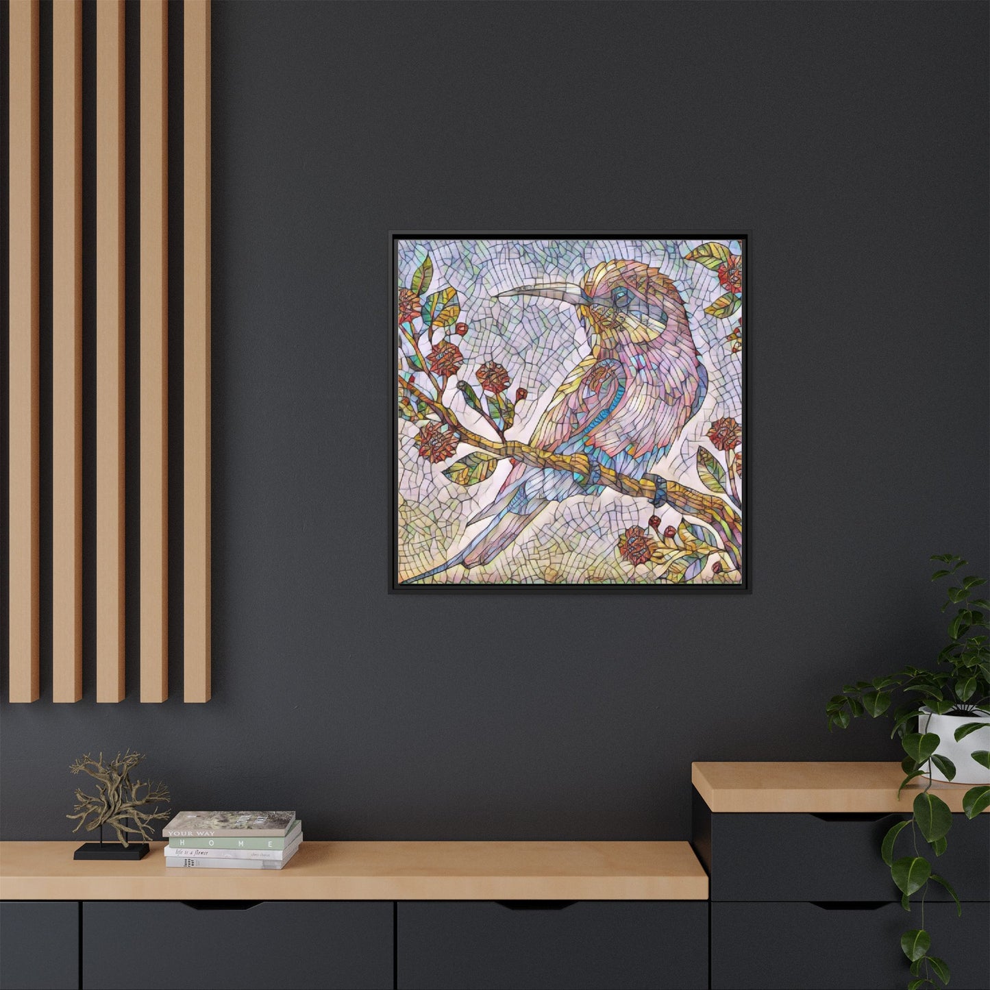 Framed Mosaic Bird Art Print — Colorful Kookaburra Wall Canvas
