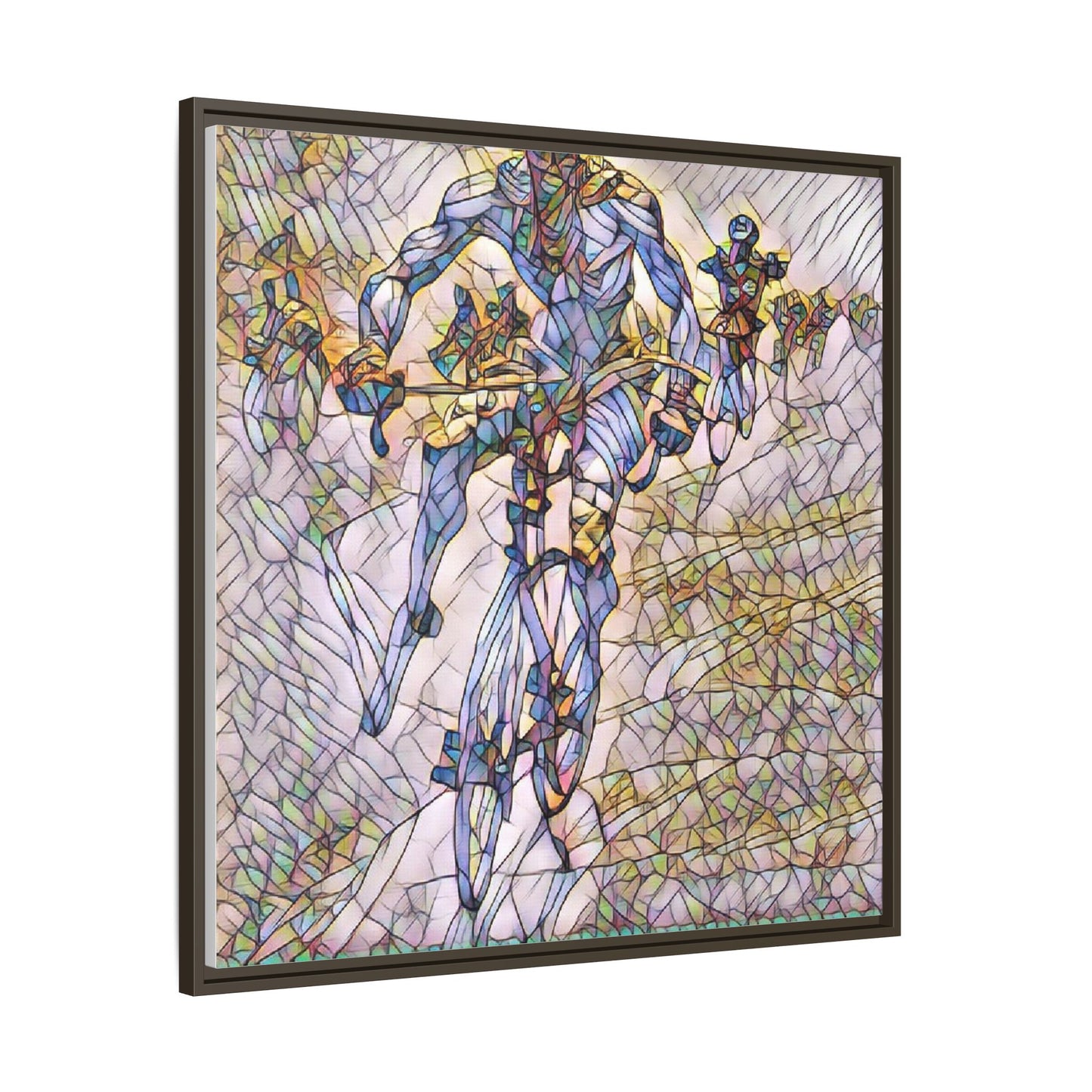 Abstract Cyclist Matte Canvas Framed Art — Colorful Stained-Glass Bike Print