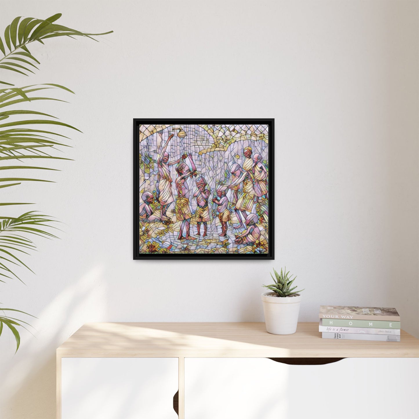 Framed Matte Canvas – Colorful Mosaic Children Playing Wall Art