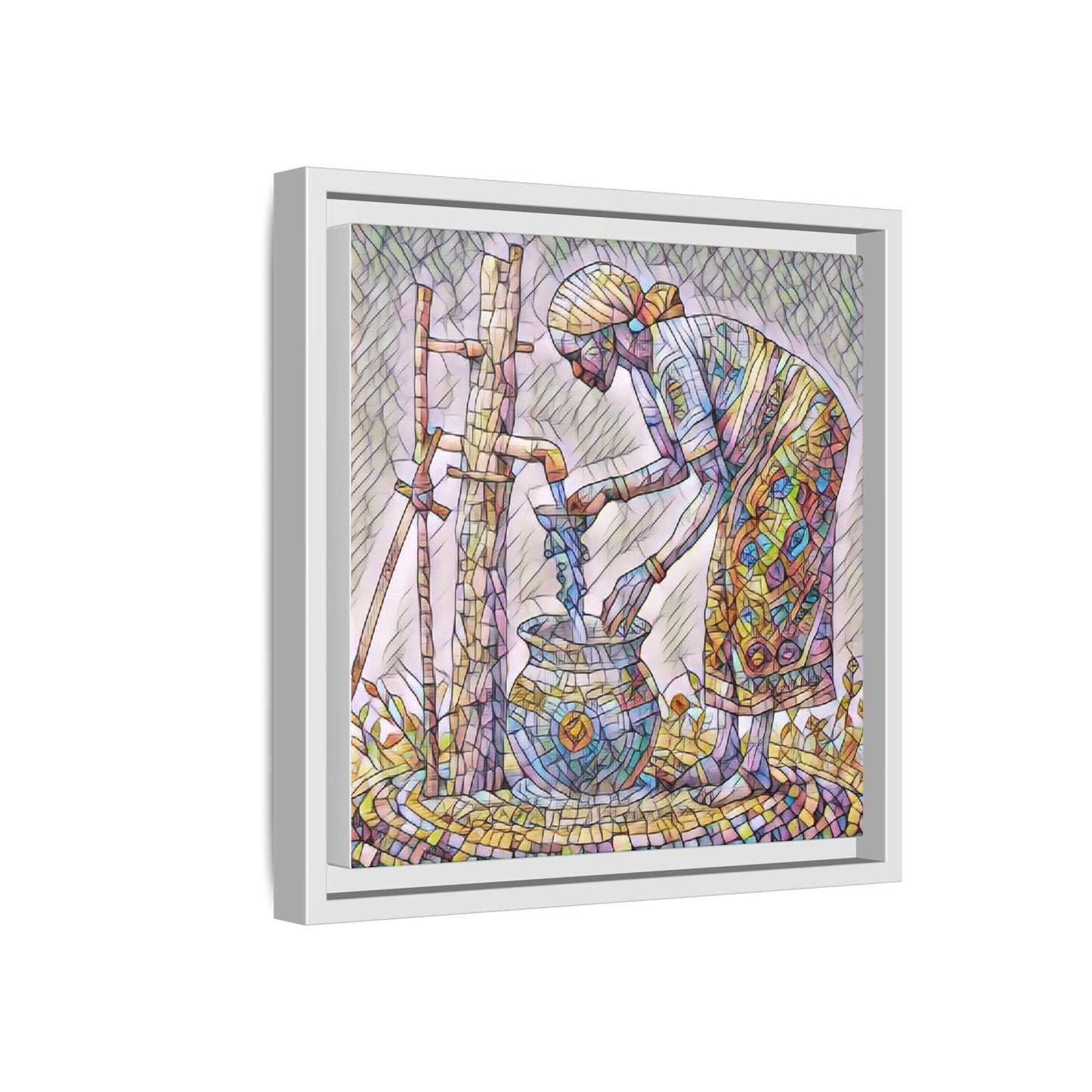 Framed Matte Canvas Art — Colorful Mosaic Woman at Well