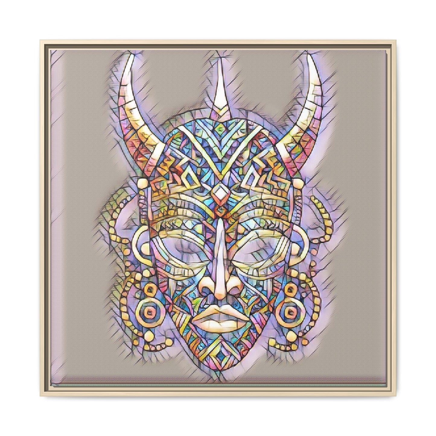 Colorful Tribal Mask Framed Canvas Art — Abstract Ethnic Wall Decor