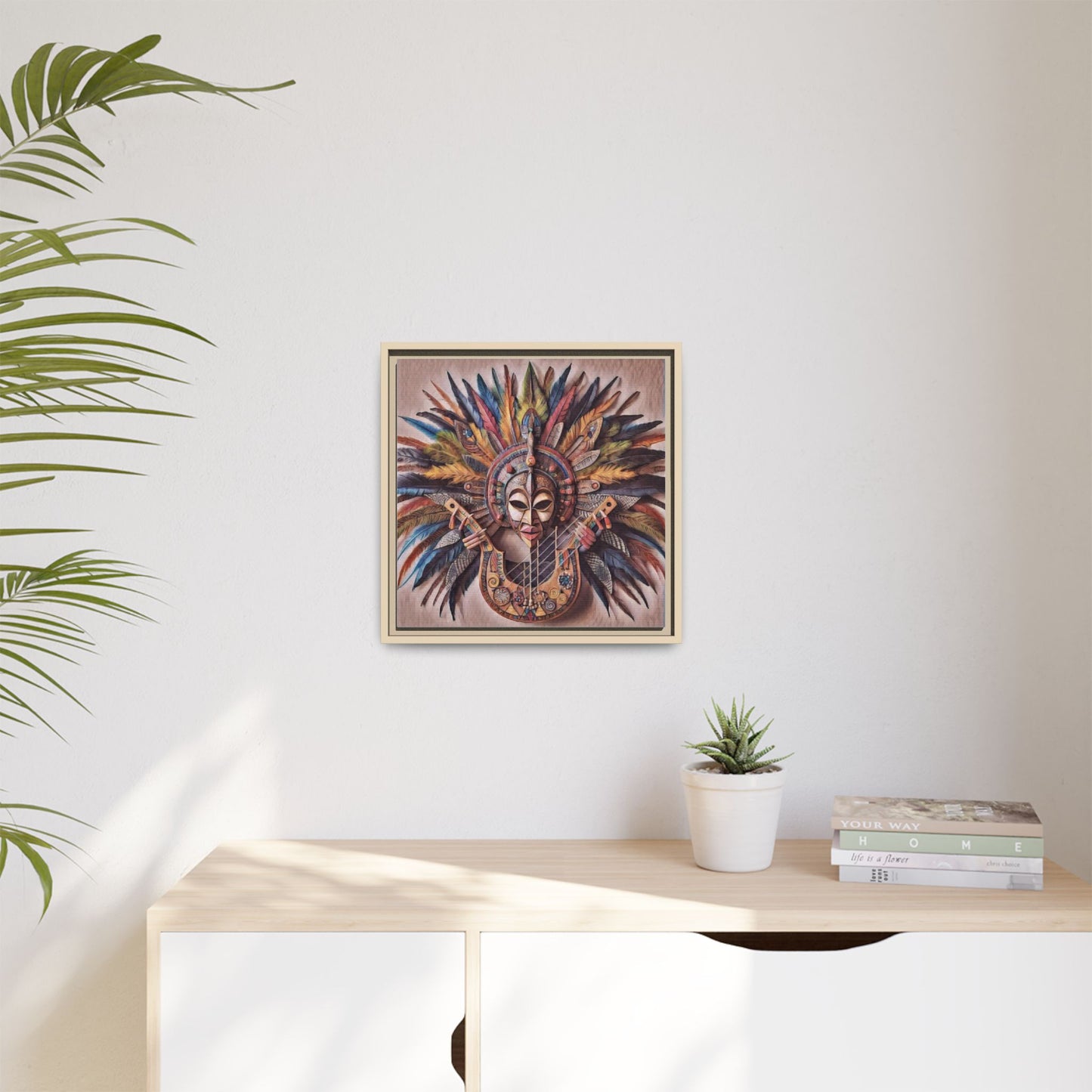 Tribal Feather Mask Guitar Framed Canvas Art — Colorful Boho Wall Decor