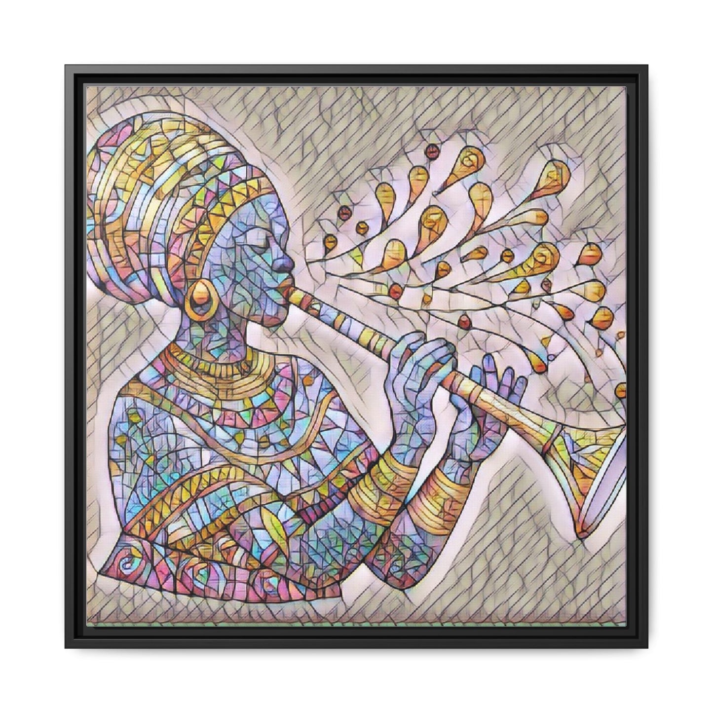 Framed Matte Canvas Art – Colorful African Musician Trumpet Print