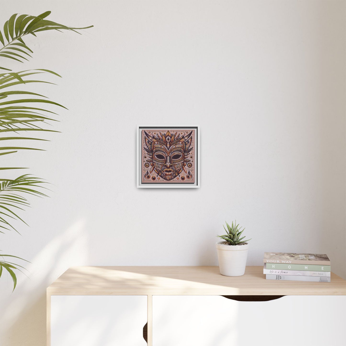 Tribal Mask Framed Canvas Art — Multicolor Matte Wall Decor