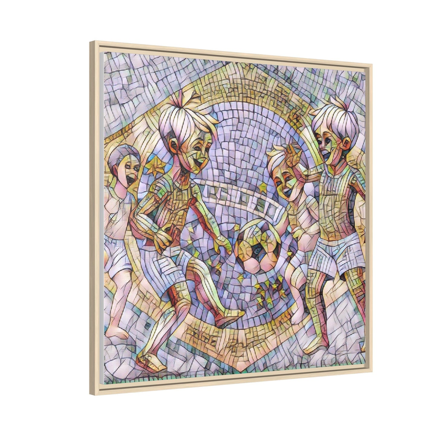 Framed Matte Canvas – Vintage Mosaic Kids Playing Soccer Art
