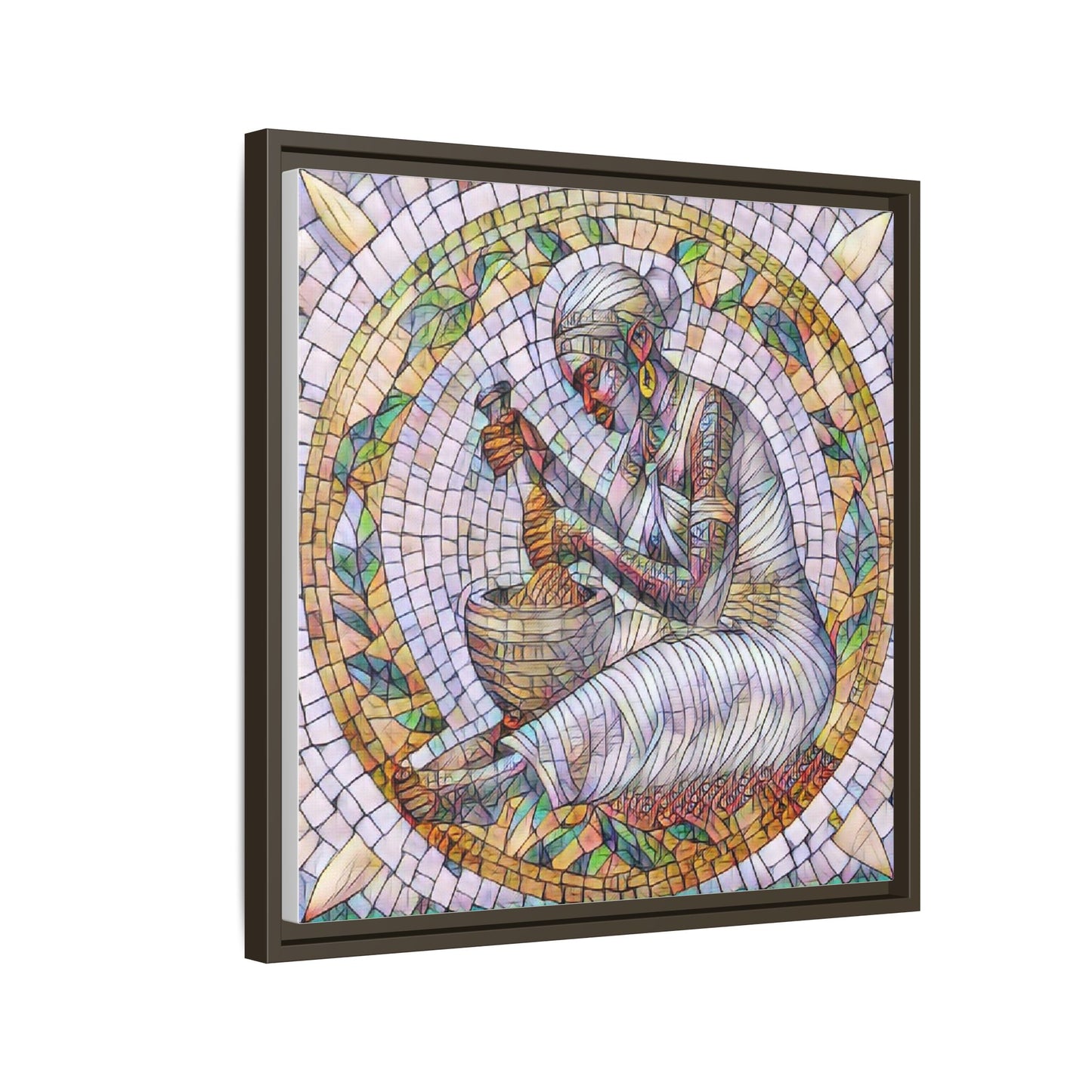 Framed Mosaic Art Print — Woman Grinding Grain (Matte Canvas)