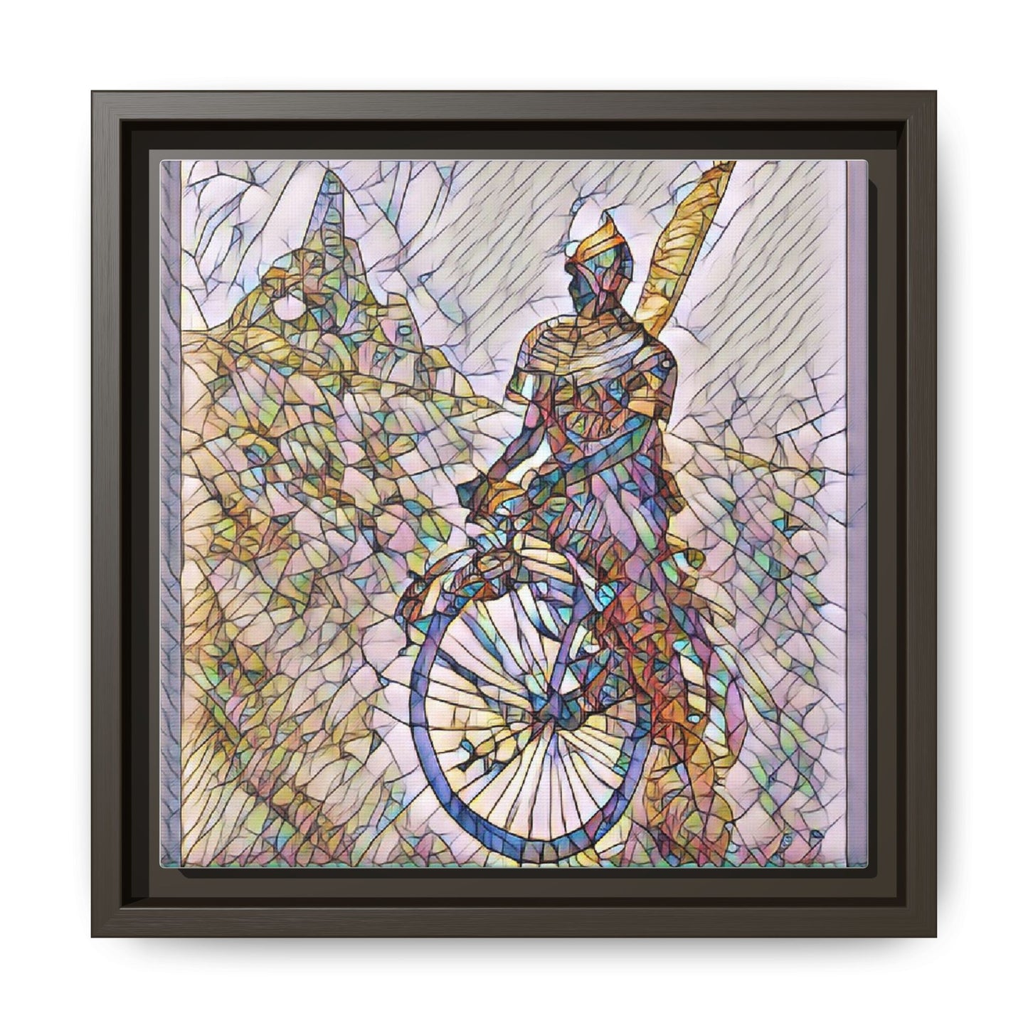 Cyclist Stained Glass Art Print — Framed Matte Canvas