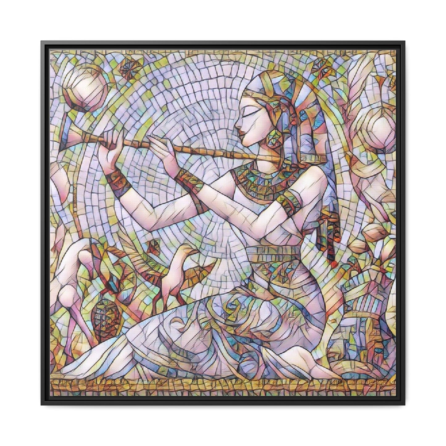 Egyptian Flute Player Framed Canvas Art — Colorful Mosaic Wall Decor