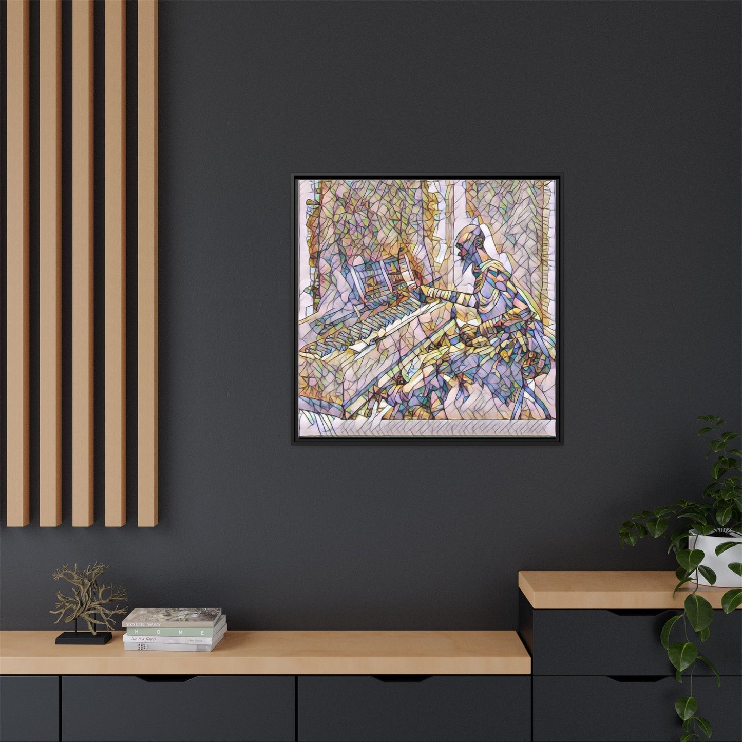 Framed Matte Canvas Art — Colorful Abstract Musician at Piano