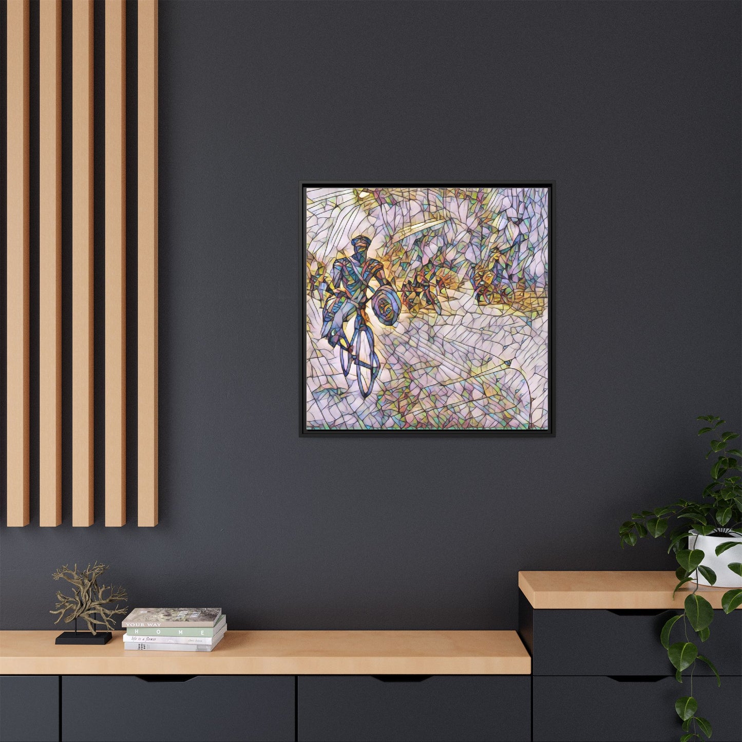 Cyclist Mosaic Matte Canvas Framed Wall Art — Colorful Biking Scene