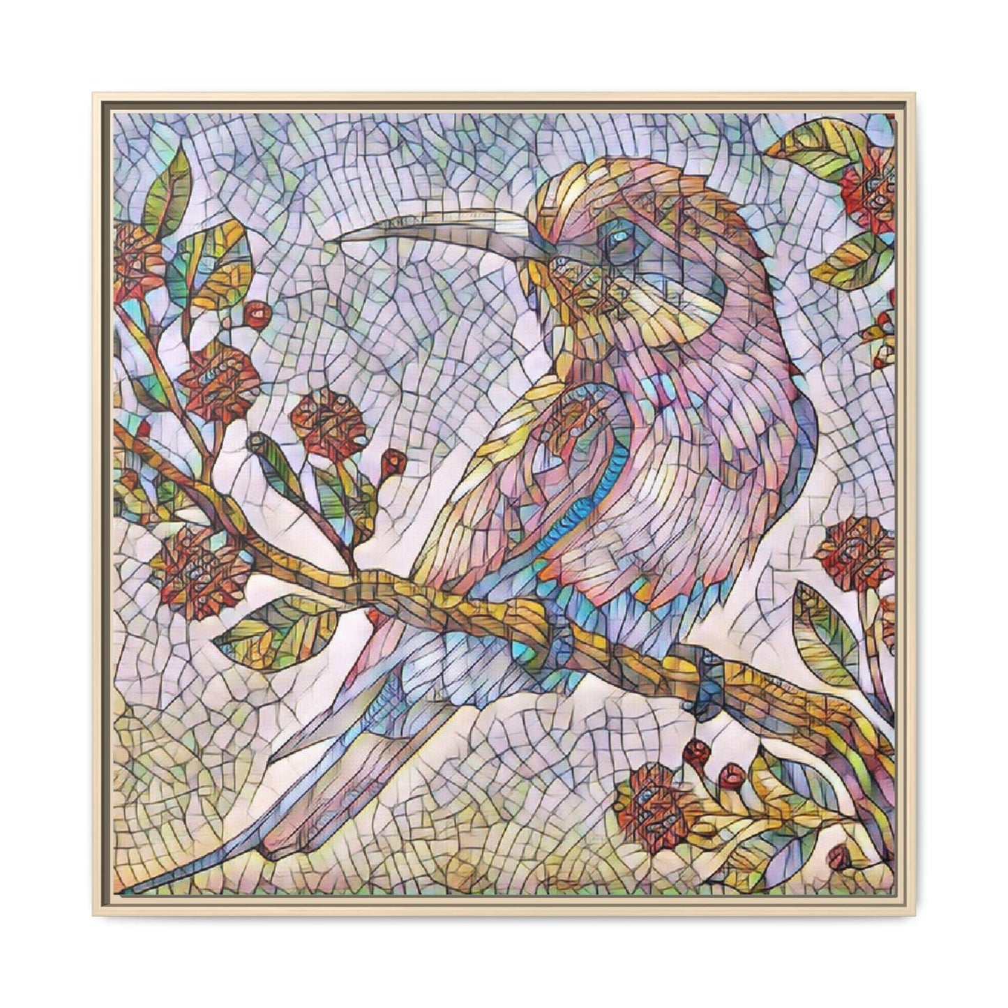 Framed Mosaic Bird Art Print — Colorful Kookaburra Wall Canvas