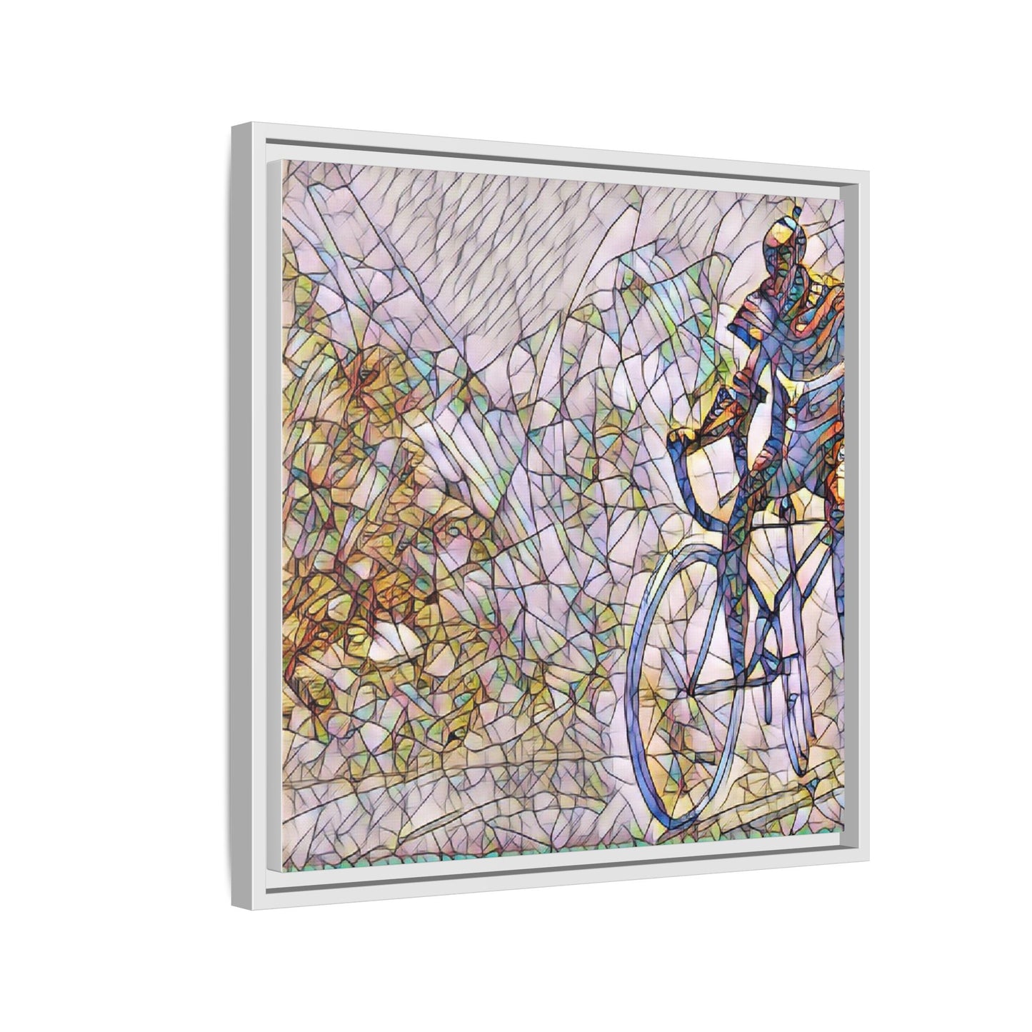 Colorful Cyclist Stained-Glass Art — Framed Matte Canvas