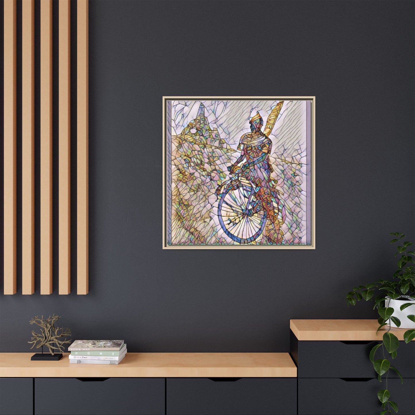 Cyclist Stained Glass Art Print — Framed Matte Canvas