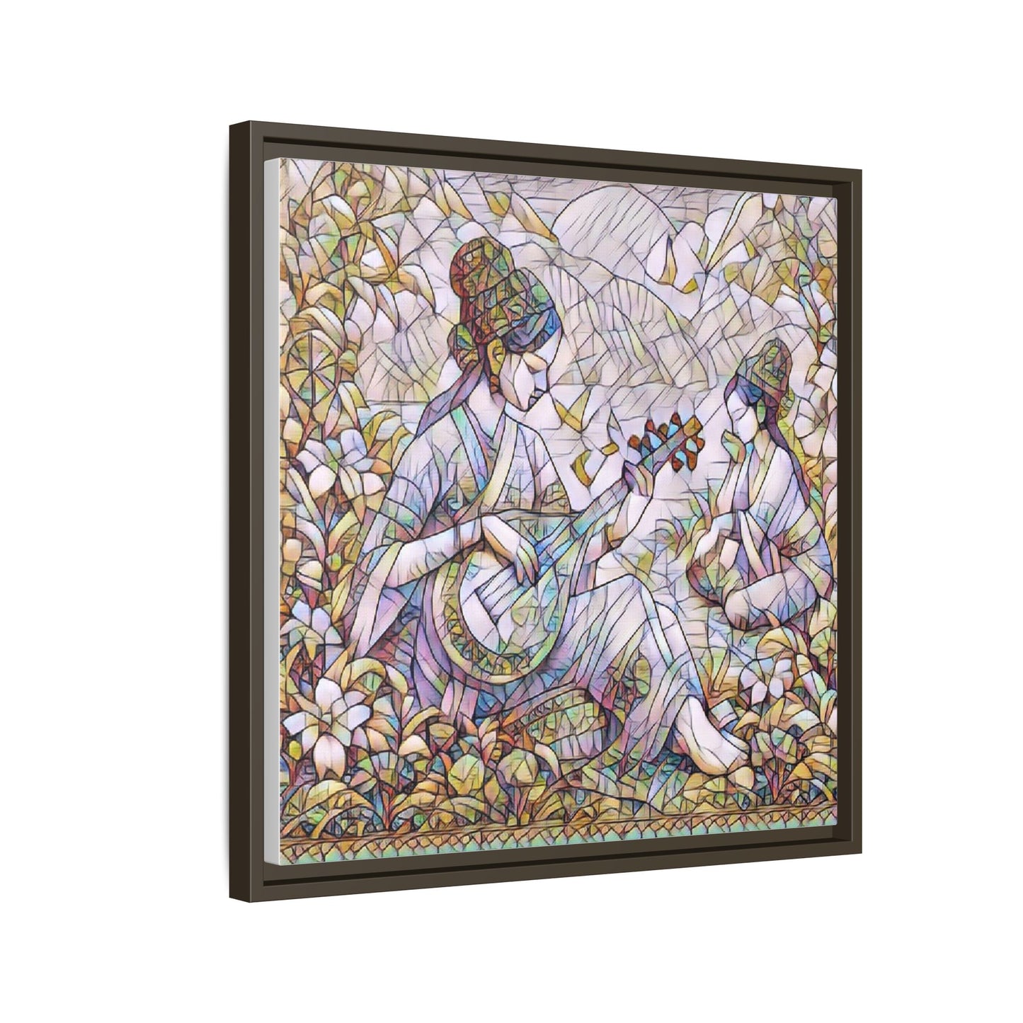 Framed Matte Canvas Art - Vintage Asian Musicians Floral Illustration