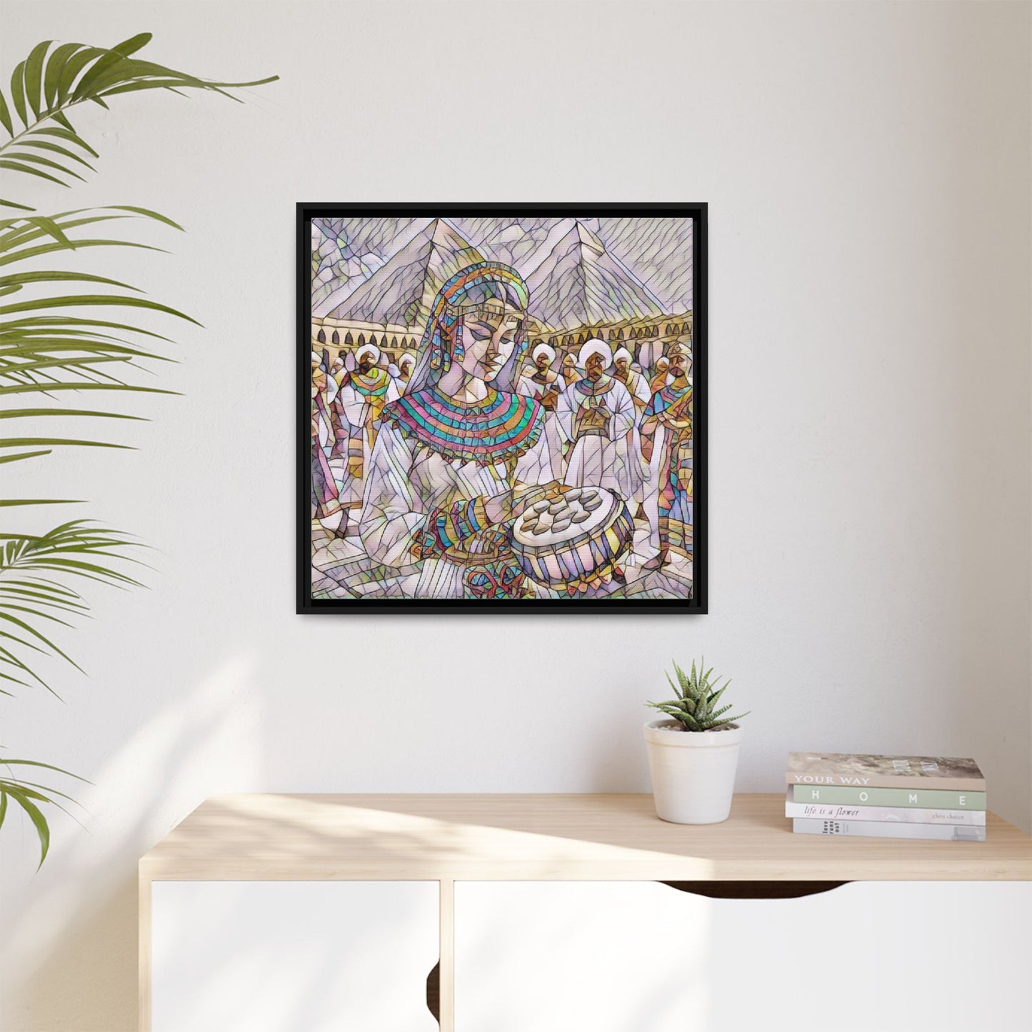 Egyptian Drum Player Framed Canvas Art — Colorful Ancient Scene Wall Decor