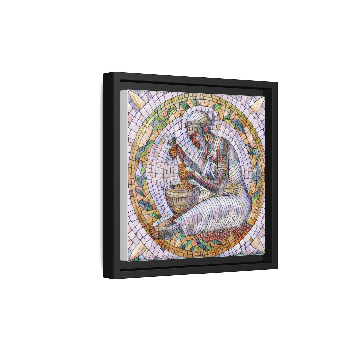 Framed Mosaic Art Print — Woman Grinding Grain (Matte Canvas)