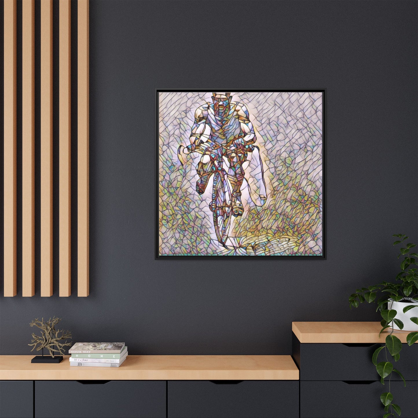 Cyclist Art Print — Framed Matte Canvas Wall Art (Multicolor Stained-Glass Style)